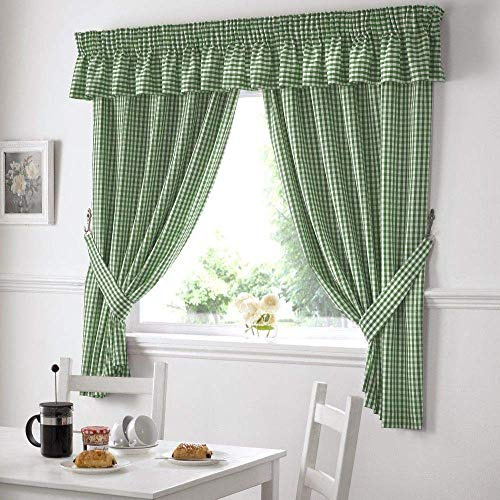 Alan Symonds Ready Made Curtains Alan Symonds Gingham Kitchen Curtains Green Pelmet 136 x 10 Inches, Polyester