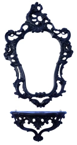 Lnxp 2-teiliges Set in Schwarz bestehend aus Wandspiegel + Wandkonsole Oval Barock Antik 50x76cm Flur Eingangsmöbel Möbel Konsole Ablage Spiegel + Wandregal 118L
