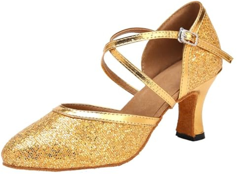 MGM-Joymod Dam glitter syntetisk ballroom latin moderna dansskor bröllopsfest pumpar, Style2 Guld en 7 cm klack, 39 EU