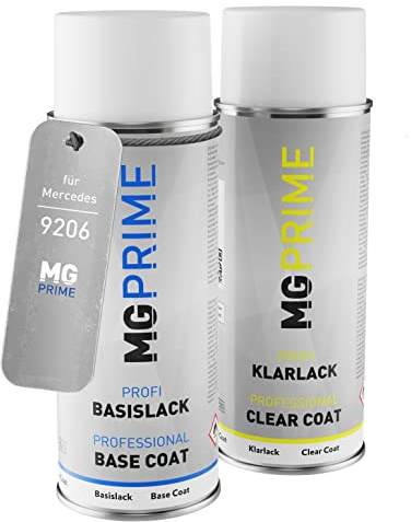 MG PRIME Autolack Sprühdosen Set für Mercedes 9206 Weissaluminium Metallic Basislack Klarlack Spraydose 400ml