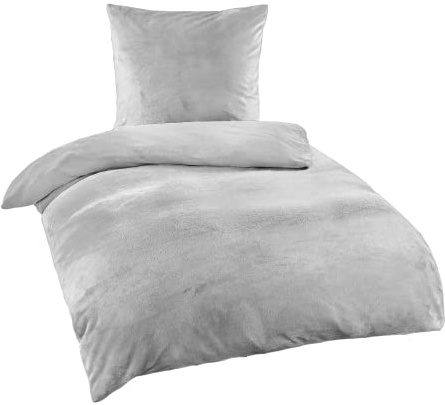 BaSaTex Cashmere-Touch Bettwäsche Set, 135x200 + 80x80 cm, Grau | Plüsch Winter, warme Nicky Teddy Flausch Qualitäts-Bettwäsche, Kissenbezug