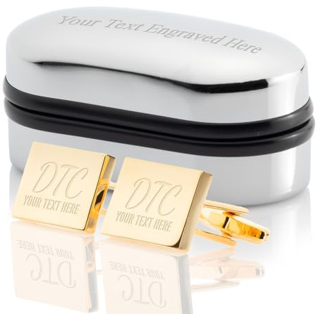 Personalised Gold Plated Rectangular Cufflinks Luxury Engraved Chrome Case - Engraved with your custom text