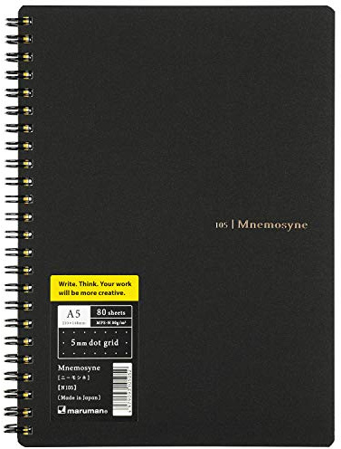 Maruman Mnemosyne Notebook 8.27 x 5.83 Inches (A5), 5 mm Dot Grid, 80 Sheets (N105), White