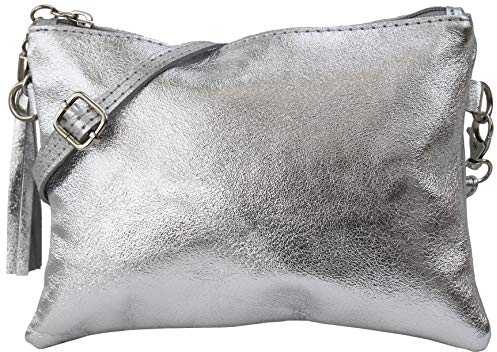 SH Leder Echtleder Umhängetasche Clutch kleine Tasche Abendtasche 22x15cm Anny G248 (Silber)