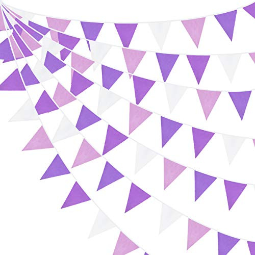 10M/32Ft Purple and White Pennant Banner Fabric Triangle Flag Cotton Cloth Bunting Garland Kit for Wedding Birthday Lavender Party Home Nursery Outdoor Garden Hanging Festivals Decoration (36Pcs)
