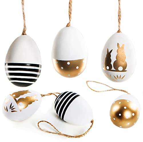 Ostereier-Anhänger, 6er Set: Kleine Osteranhänger aus Plastik, Osterdeko zum Aufhängen, Deko Ostern, Für Osterstrauch, Mit Osterhasen, Schwarz, Weiß & Gold, Modern, Indoor Osterschmuck hängend, 6 cm