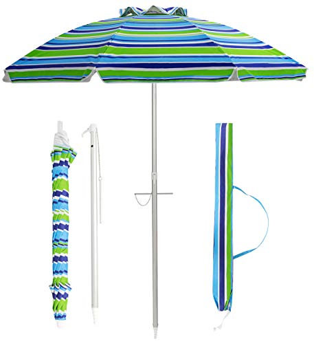 COSTWAY Parasol de Plage Ø198 CM Inclinable, Protection UV 50+ avec Bouton Poussoir, Rond Pliable à 8 Baleines en Fibre de Verre avec Sac de Transport pour Patio, Piscine (Bande Bleu-Vert)