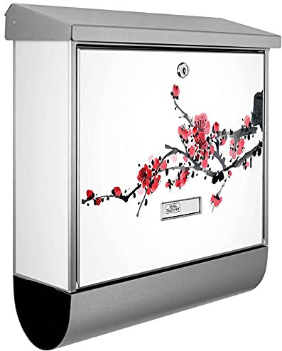 banjado® Burgwächter Briefkasten Edelstahl 38x39x12cm mit Motiv Japanische Blüten 2 / Briefkasten Edelstahl ohne Zeitungsfach/Briefkasten grau/Postkasten inkl. Montagematerial & 2 Schlüsseln