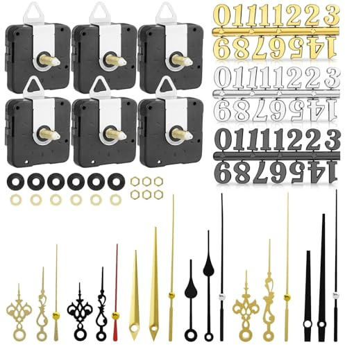 EEEKit 6 Pezzi Meccanismo Orologio da Parete di Movimento Dell'orologio al Quarzo con 6 Diverse Paia di Mani E Kit di 3 Numeri di Orologio, Parti Riparazione Dell'orologio Fai da Te(Albero 22mm)