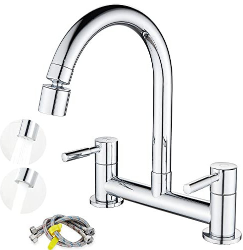 Maynosi Kitchen Sink Mixer Tap, Kitchen Bridge Mixer Taps 2 Hole, 180 mm Centers Deck Mounted Faucets, Twin Levers Faucet with 2 Function Aerator, 1/4 Turn, 360° Swivel Spout, Brass, Chrome Plated