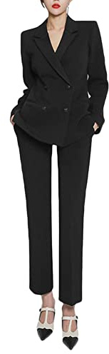 DAIHAN Completo Tailleur da Donna, 2 Pezzi, Slim Fit, Giacche da Abito Doppio Petto, con Pantaloni Lunghi da Completo Set, per Ufficio E Lavoro,Nero,M