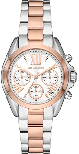 Michael Kors Damen Quartz Armbanduhr, 36.00mm GehäusegröÃŸe mit weiÃŸ analog Zifferblatt und zweifarbig Metallarmband Armband MK7258
