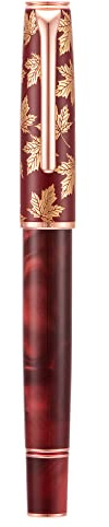 erofa Hongdian N8 Rot Füllfederhalter, Iridium Mittlere Spitze, Vergoldete Ahornblatt Schnitzkappe Glattes Schreiben Acrylstift mit Konverter und Metall Stiftetui Set