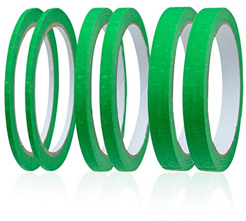 Lot de 6 rouleaux de ruban de masquage vert - Ruban de masquage pour peintres - 3 mm/7 mm/12 mm de large - 20 m de large - Ruban de masquage inscriptible pour peinture et décoration