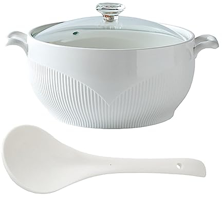 Soupière Ronde en céramique Blanche, soupière en céramique avec Couvercle en Verre et louche, Bol à Soupe en céramique avec Couvercle en Diamant, soupière en céramique for Restaurant, 2600 ML