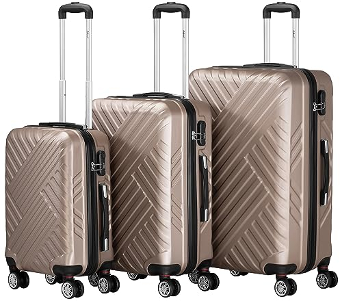 Zelsius Koffer Set 3 Stück, Champagner | ABS Hartschalenkoffer mit Zahlenschloss, Doppelrollen und Innen Trennwand | Handgepäckkoffer, Hartschalenkoffer Set 3 teilig, Trolley, Koffer Groß, Luggage Set