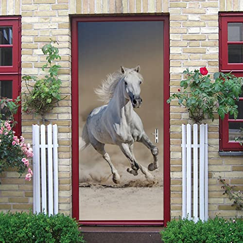 3D Modetier Weißes Pferd Kreative Türaufkleber 77X200Cm Selbstklebend Innentüren Türfolie Art Decals Pvc Fototapete Wasserdichte Türtapete Poster Wohnzimmer Kinderzimmer Dekoration