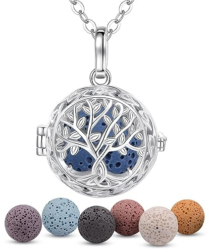EUDORA Harmony Ball Diffuseur D'huiles Essentielles Collier pour Femme, Arbre de Vie Aromathérapie Diffuseur Colliers Pendentif Pierre de Lave Boule Médaillon Bijoux Cadeaux pour Maman 61 cm 7 pièces