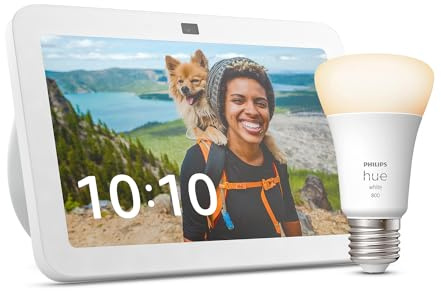Echo Show 8 (3ª gen.) | Bianco + Philips Hue White Lampadina LED Smart (E27), compatibile con Alexa - Kit di base per Casa Intelligente