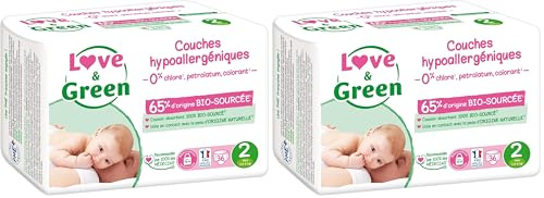 Love & Green - Couches Bébé Saines et Ecologiques - Taille 2 (3-6 kg) - 36 couches - Absorbante, anti-fuites et sans ingrédients indésirables (Lot de 2)