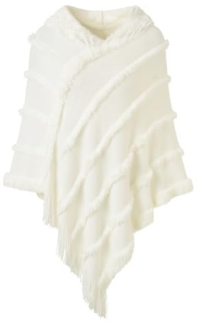 Ferand Ponchos für Damen, flauschiger Strickschal mit Fransen, gemütlicher und gestreifter Poncho-Pullover für Herbst und Winter, Weiss/opulenter Garten, Einheitsgröße