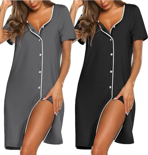 Ekouaer Nighties for Women Nightdress Ladies Cotton Nightie Soft Night Dress Womens T Shirt Nightdresses Summer Nightwear Sleep & Lounge, Black + Grey XXL