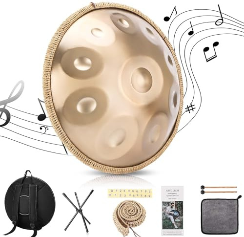BIILOYY handpan drum, 22 inch 9/10/12/ Note 432/440 Hz Steel Tongue Drum in D Minor Hand Pan for Yoga Meditation Sound Healing (Gold, 10Note-432Hz)