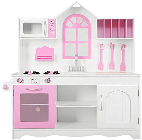 COSTWAY Kinderküche, Spielküche Holz mit Spüle & Haken & Ofen & Mikrowelle, Kinder Küche inkl. Zubehör, Spielzeugküche für Kinder ab 3 Jahren, Rosa und Weiß