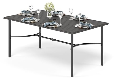 PHI VILLA Gartentisch Wetterfest mit Schirmloch für 6 Personen Outdoor Terrassentisch Gartentische Draussen Metalltisch 170 * 96 cm Garten Tisch Esstisch Schwarz