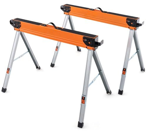 GYMAX 2 Cavalletti Pieghevoli, Cavallett Portatili con Capacità di Carico di 500 KG, Superficie Antiscivolo, Piedi Antiscivolo, Ganci per Legno, Tavolo da Lavoro Premium per Taglio del Legno