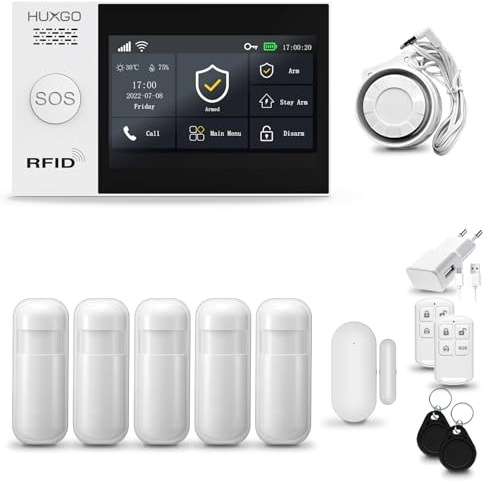 HUXGO® HXA007 Sistema de Alarma para casa WiFi + gsm con Sirena | Alarma hogar Kit con 5X sensores PIR de Movimiento, 1x Sensor de Puerta/Ventana | Control Desde el teléfono