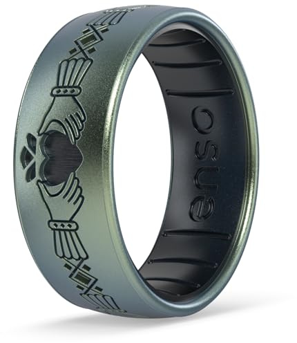 Enso Rings Etched Celtic Collection Silicone Ring - Comfortable and Flexible Design - 7.99mm Wide, 2.18mm Thick - Claddagh - Volcanic Ash/Black Pearl - Size 11
