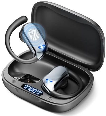 ELECGO Sport Wireless Earbuds with Earhooks, Bluetooth 5.4 Headphones with ENC and AI Noise Cancellation, Hi-Fi Audio 60H Dual LED Display, IP7 Waterproof for Sports, Compatible All Cell Phone/PC