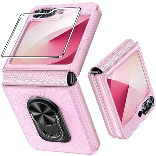 Fewdew Coque pour Samsung Galaxy Z Flip 7 FE/Z Flip 6 avec Protection D'écran Arrière & Charnière,Anneau Rotatif à 360 ° Etui,Antichoc Housse Case Cover Galaxy Z Flip 7 FE/Z Flip 6,Rose