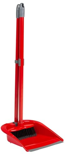 Pluto Packaging Tall Long Handled Indoor Dustpan & Brush Set - Red - Modern Plastic & Metal - Ideal For Kitchens (1 Set)