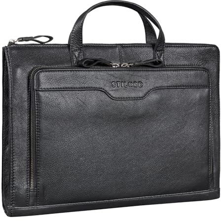 STILORD Silvano Echtleder Laptop Sleeve 13,3 Zoll Vintage Laptop Hülle Schmal Leder Reißverschluss Büro Aktentasche A4 mit Fächern Notebook Schutzhülle für Damen und Herren Farbe:schwarz