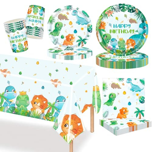 MORAINJAY Ensemble de Vaisselle de Fête Dinosaure 97 Pièces, Assiettes, Tasses, Serviettes, Décoration de Table et Accessoires pour Anniversaire Enfant, pour Fête à Thème Dinosaure