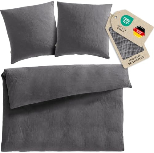 Pure Label Musselin Bettwäsche 200x220+2x80x80 cm - Anthrazit | Traumhaft weiche, kuschelige Bettwäsche-Sets aus Musselin - 40° Waschbar