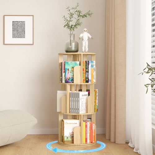 YGYQZ Drehbares Bücherregal, Kiefernholz Drehbares Regal Kinder 3 Stöckiges Bodenstehendes Bücherregal Rund Holz 360 Anzeige Schmales Regal Veranstalter Für Kinder & Erwachsene Lagerung Rack