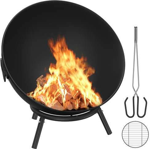 Suusolny Brasero de 62 cm para el jardín, la terraza y el balcón, cesta de fuego para camping, de acero, para exteriores, con estructura de tres patas, flexible, ajustable para hogueras, color negro