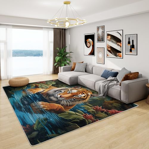Tiger Teppich Kinderzimmer - Teppich Wohnzimmer Schlafzimmer Dschungel Tiere, Kleiner Teppich Dschungel Tiger, Weich Kurzflor & Waschbar & rutschfest Fussmatte Innen, Kinderteppich 80x150 cm