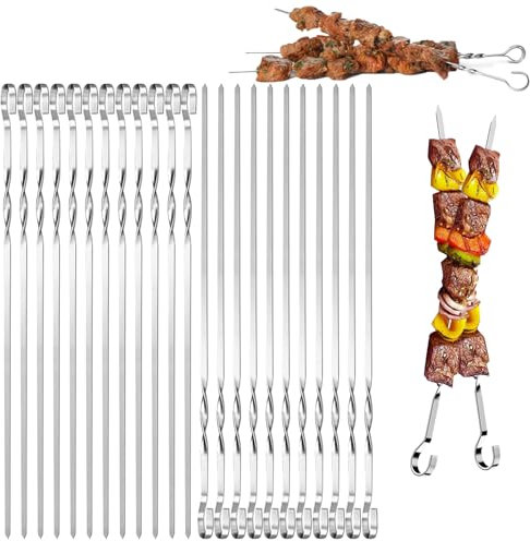 Mino Plus 24pcs Brochetas de la Parrilla,30CM Pinchos de Barbacoa de Acero Inoxidable,Brochetas de Metal,Brochetas de Kebab de Acero Inoxidable Plano,Brochetas Kebab Reutilizables (C)
