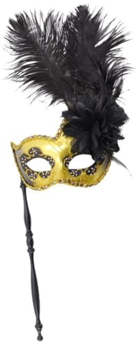 Lipfer Masque De Mascarade avec Bâton, Demi-Visage Vénitien, Masque De Mardi Gras en Plumes pour Femme, Accessoire De Fête De Carnaval d'halloween De Carnaval