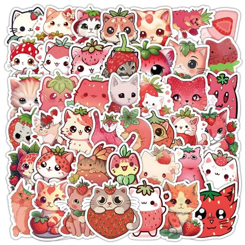 Erdbeer Katze Aufkleber, 50PCS Niedliche Tiere Aufkleber Packs für Jungen Mädchen Teenager, Vinyl Wasserdicht Cartoon Erdbeere Katze Aufkleber