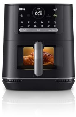 Braun MultiFry5 HF5073IBK, Nuova Friggitrice ad Aria 3-in-1, Capacità 6L, 20 Programmi di Cottura, Doppia Resistenza, Display Digitale LED, Oblò, Cestello Lavabile Lavastoviglie, 2000W, Nero Opaco