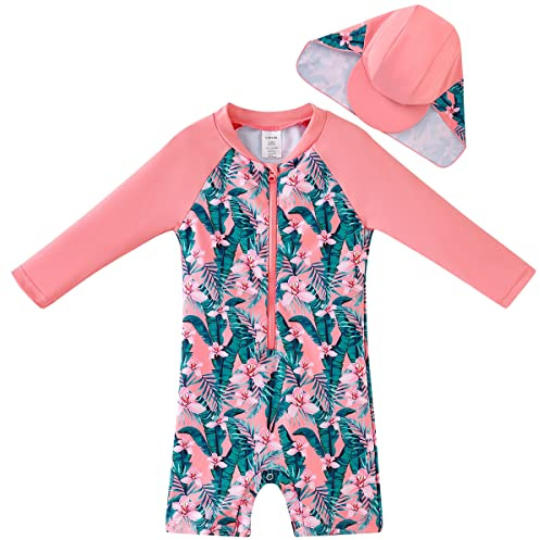 UMELOK Bañador Infantil Anti-UV 50+ para Niños y Niñas - Capucha Integrada, Mangas Largas y Secado Instantáneo 86/92 Pétalos Rojos