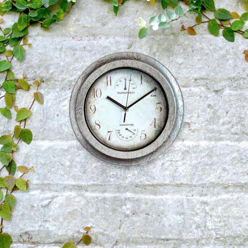 QUWOTXE Vintage Wanduhr Outdoor Garten 12 Zoll Indoor Outdoor Uhr mit Thermometer und Hygrometer, Retro Antiquierter Industriestil F