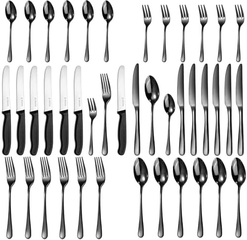 Besteck Set 6 Personen,Targzier 36 teiliges Edelstahl Besteckset mit Frühstücksmesser,Hochwertiges Essbesteck,Messer Gabel Löffel für Familie/Party/Hotel,Schwarzes&Spülmaschinenfest Bestecksets