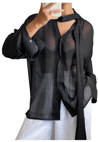 RoseSeek Women's Sheer Mesh Blouses Knot Front Button Down Shirts Long Sleeve See Through Tops Black Medium
