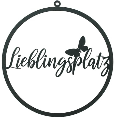 khevga Wanddeko Lieblingsplatz Ø 30 cm – Schwarzer Metall Hänger mit Schriftzug & Schmetterling – Deko für Wand Fenster Balkon Garten